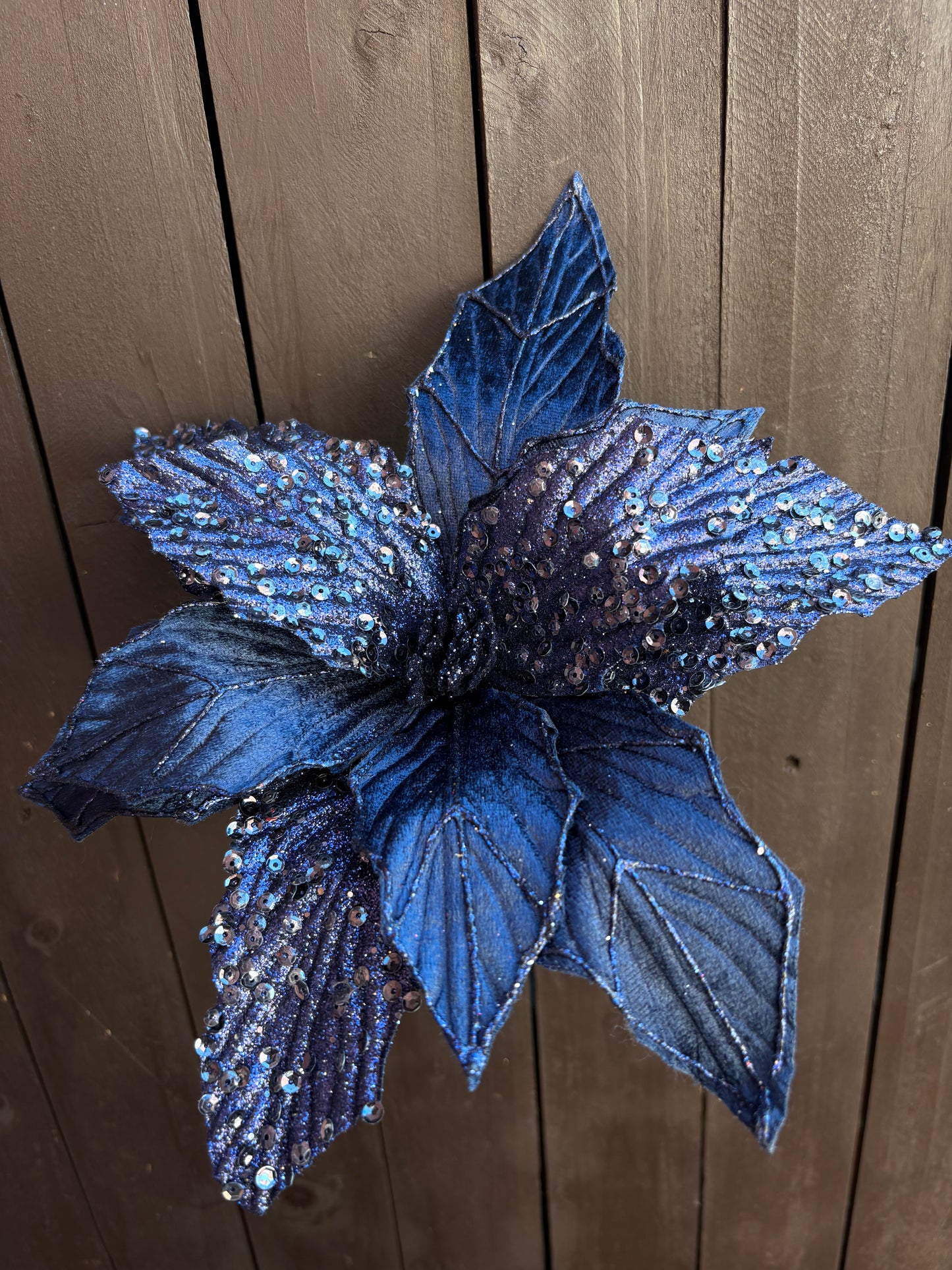 30cm DELUXE GLITTER SEQUIN POINSETTIA NAVY