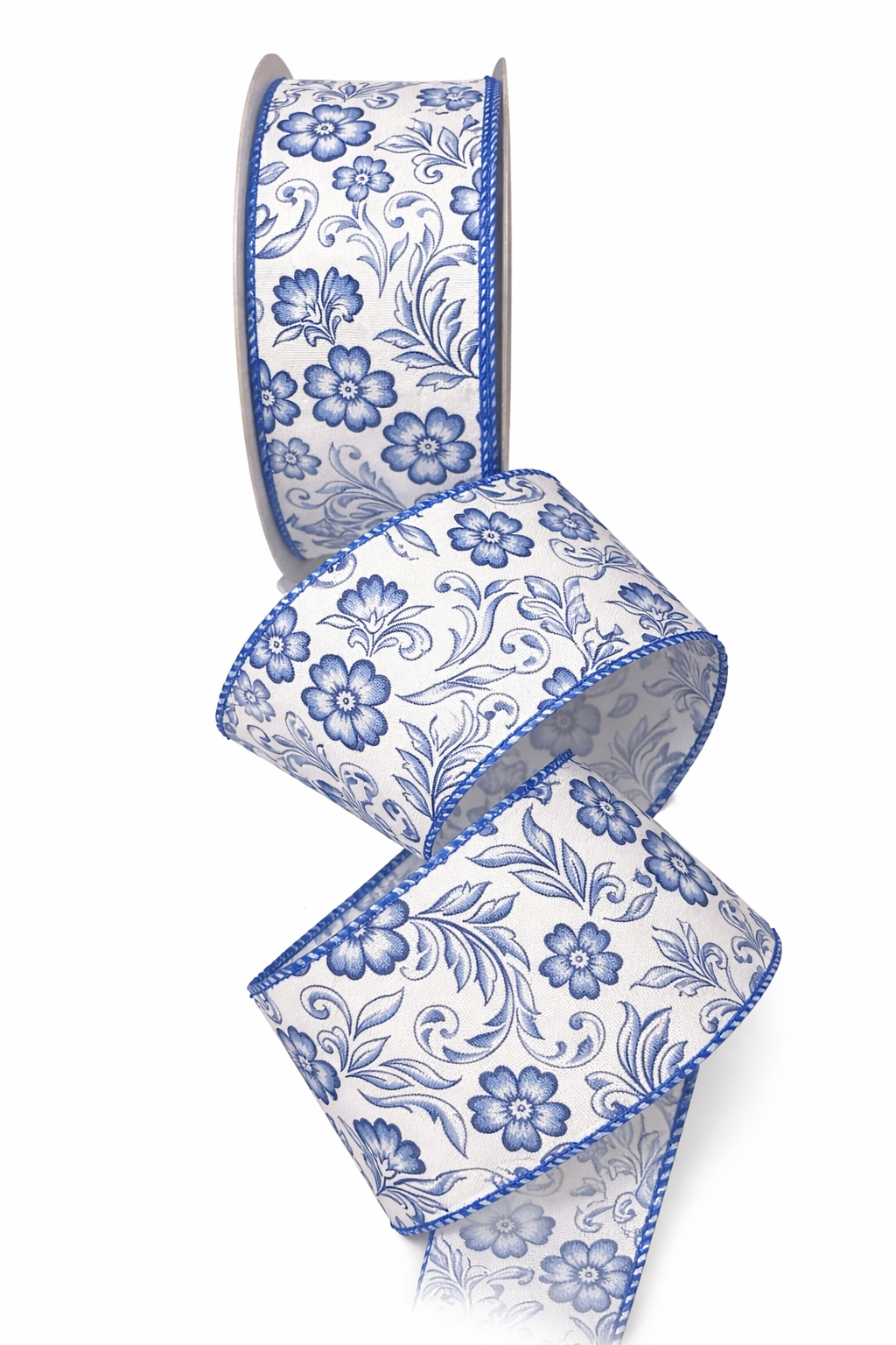 2.5inch (63mm) BLUE FLORAL WIRED RIBBON - SOLD PER 5 METRE