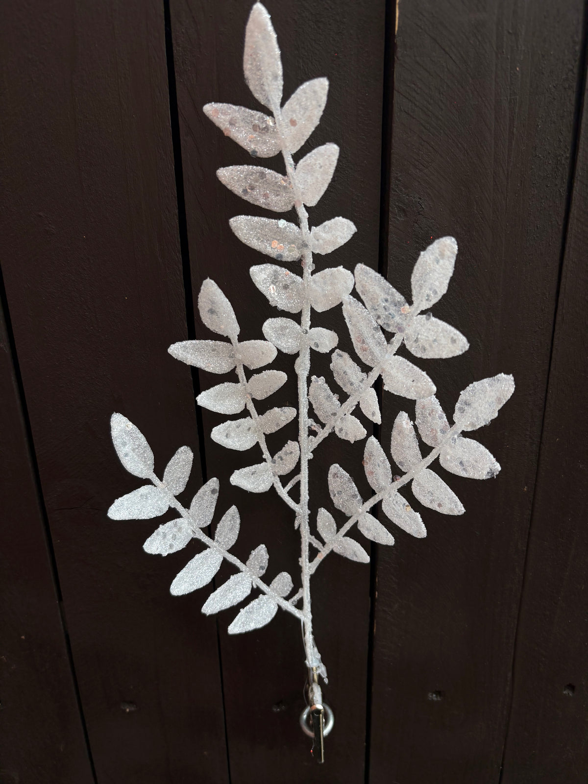 30cm GLITTER CLIP ON LEAF WHITE
