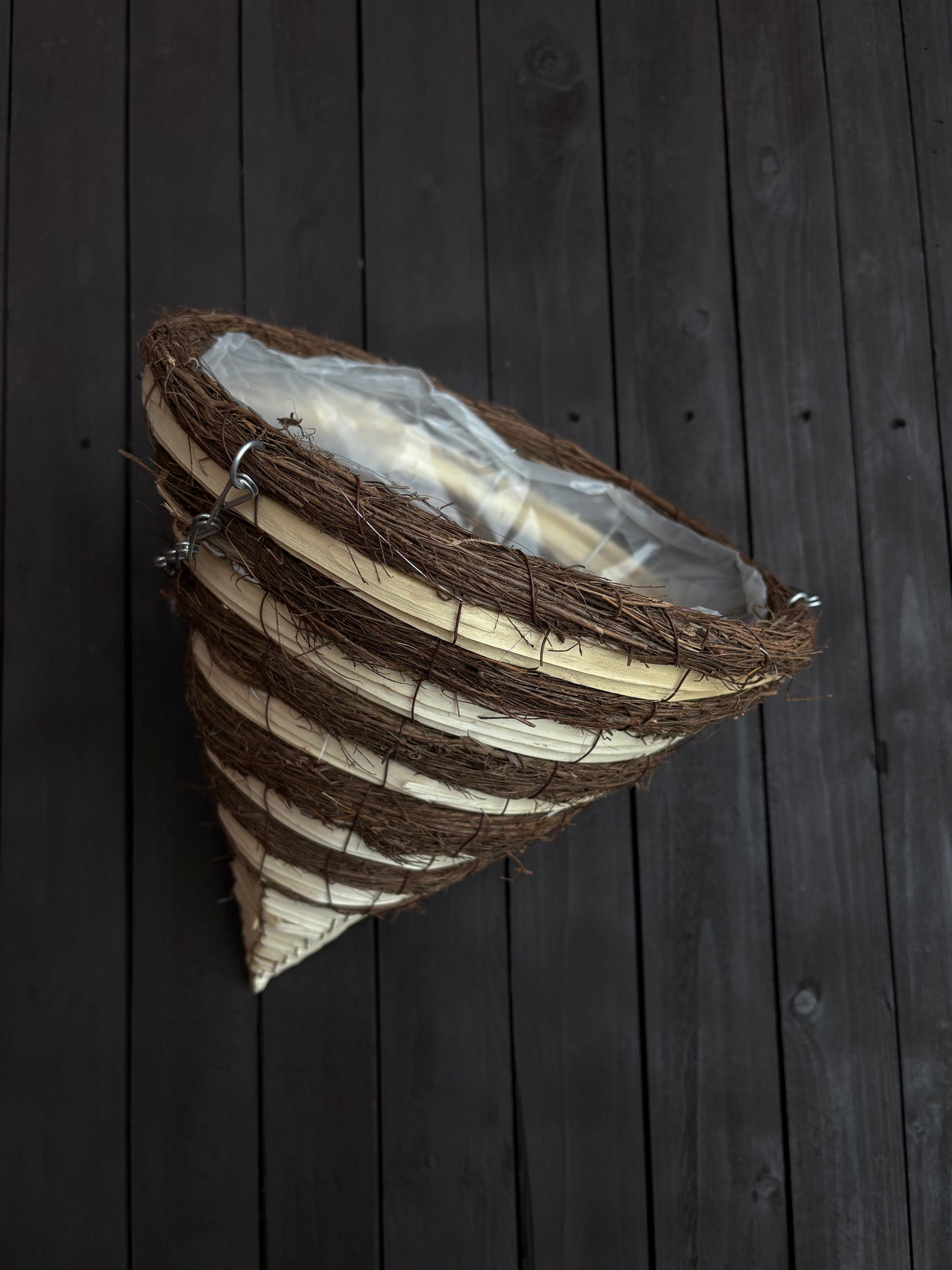 12" BAMBOO & TWIG STRIPED CONE HANGING BASKET