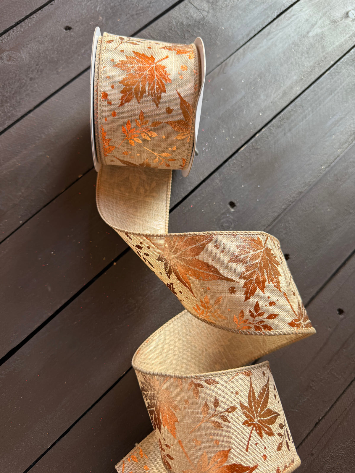 WIRED EDGE BURLAP GILDED AUTUMN LEAVES RIBBON