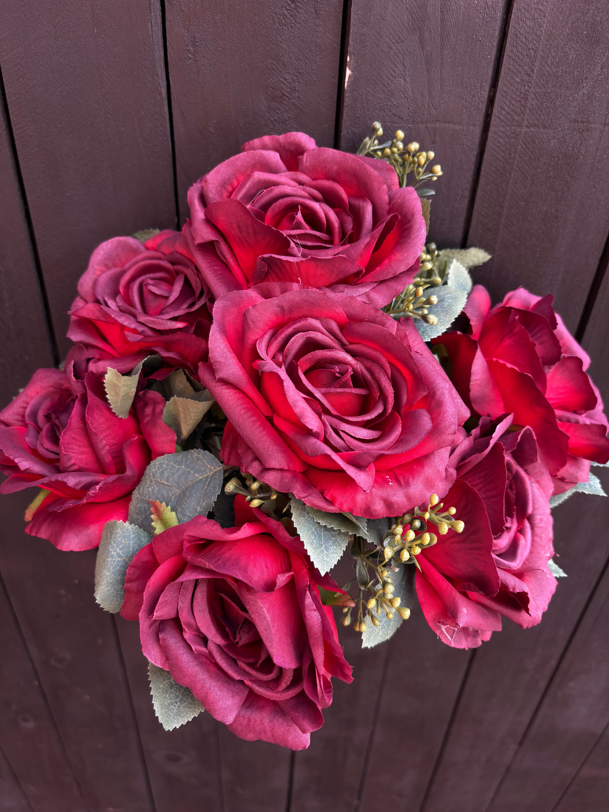 45cm 7 HEAD OPEN ROSE BUSH DARK RED