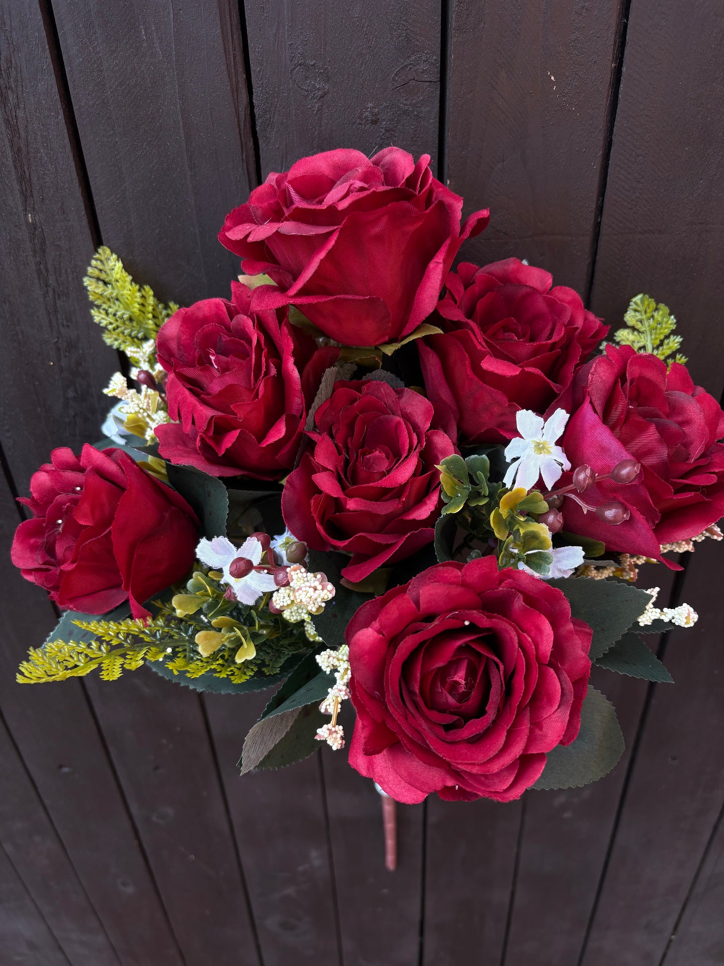 52cm ROSE & FERN MIXED BUSH BURGUNDY