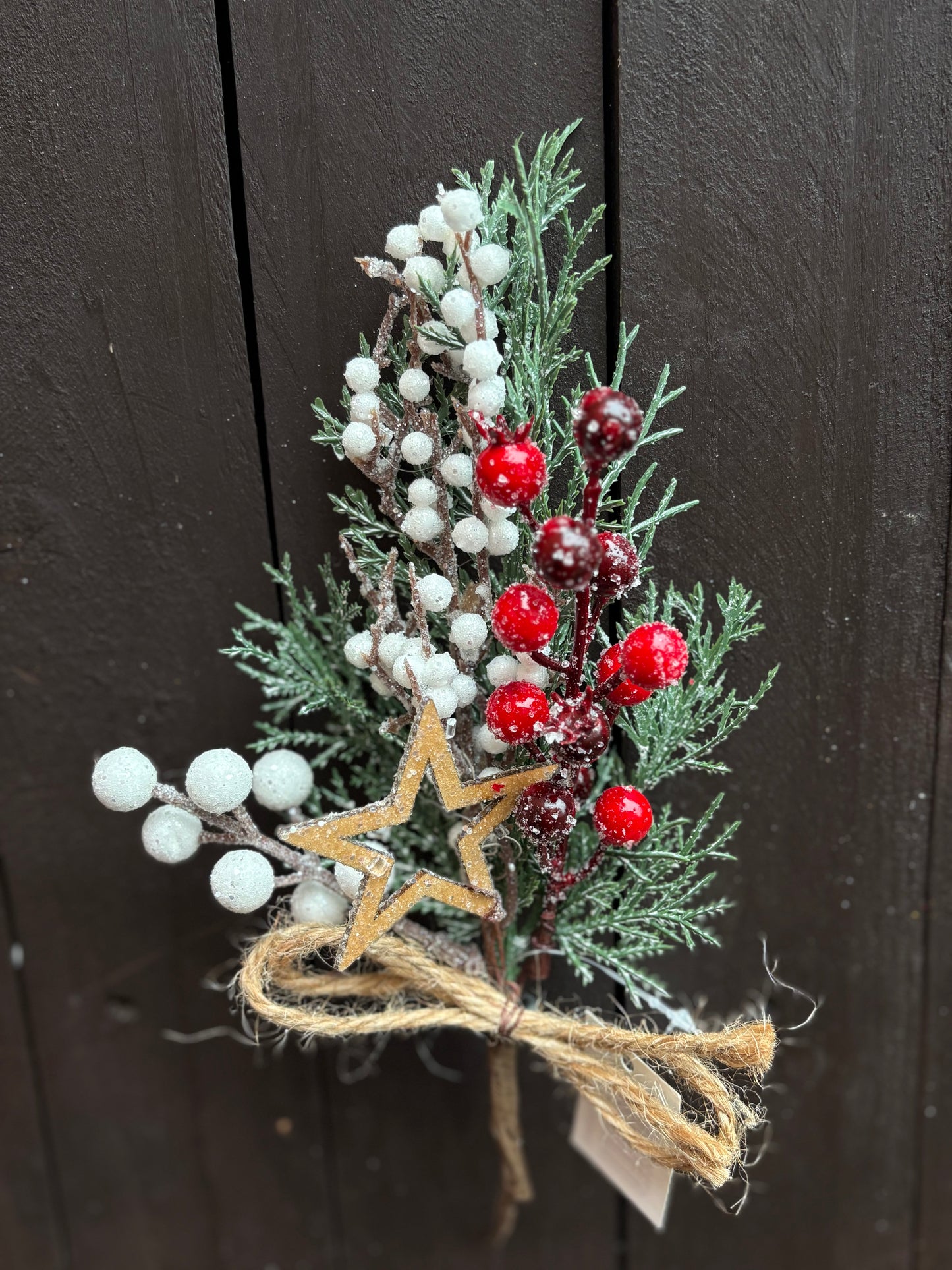 30cm LARGE FROSTED PICK WITH STAR & MIXED RED/WHITE BERRIES