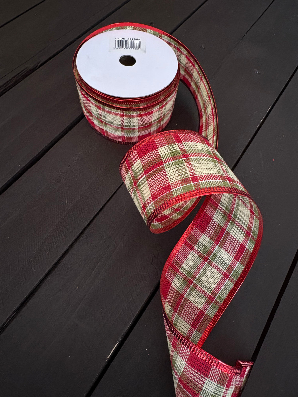 50mm TARTAN FABRIC WOVEN EDGE RIBBON CREAM/RED/GREEN