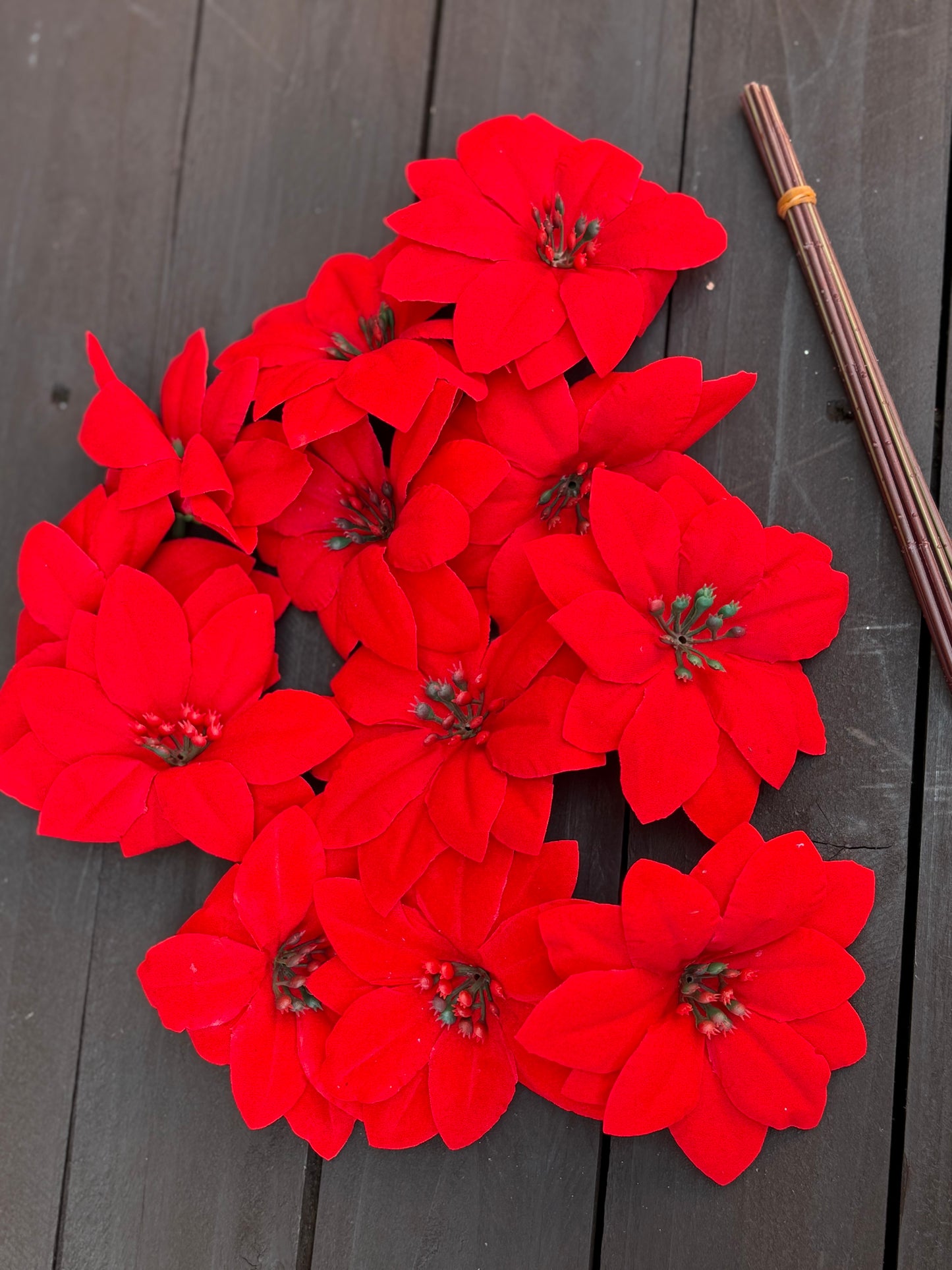 9.5cm MINI RED VELVET POINSETTIA HEADS PK12