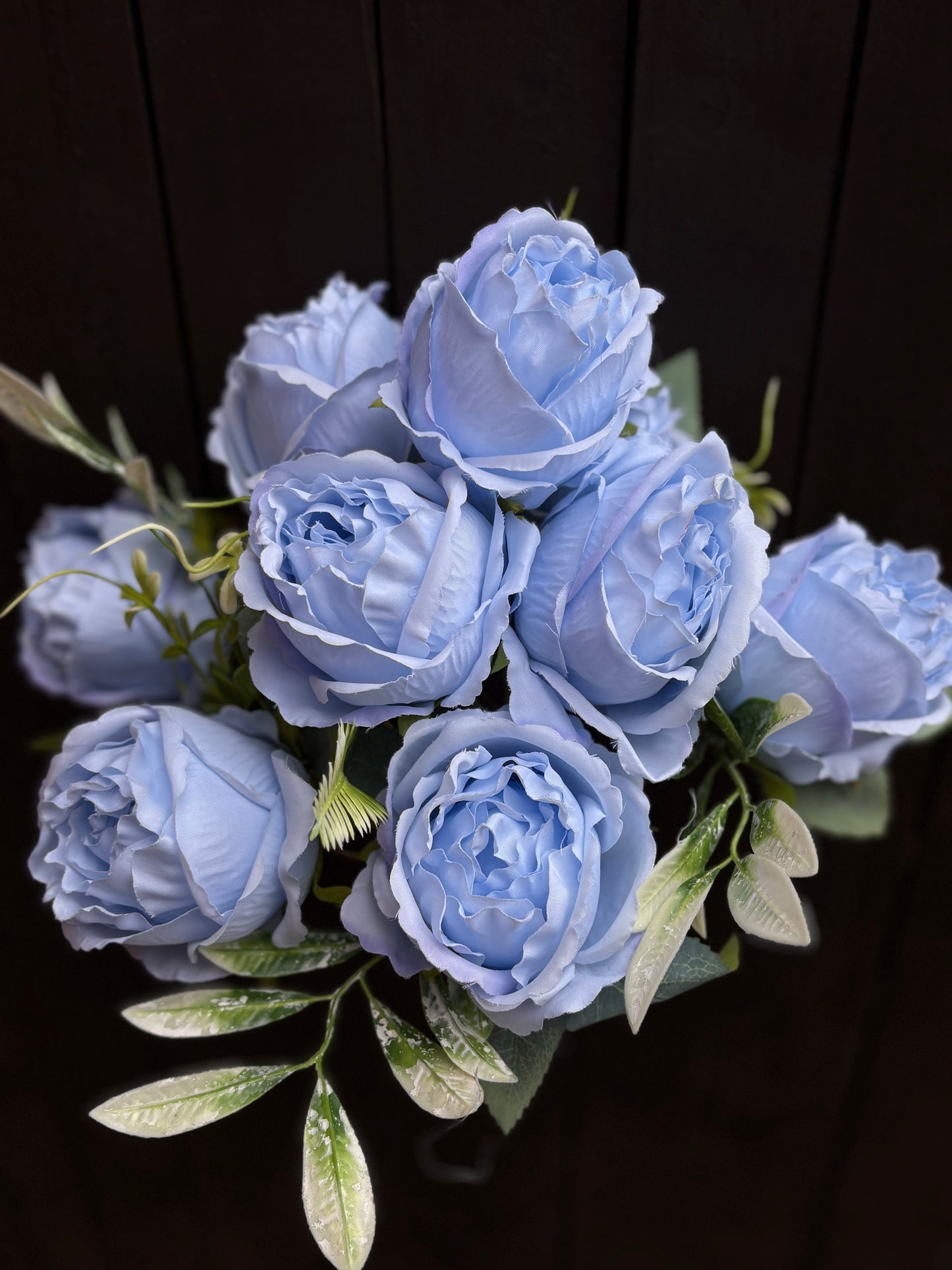 LARGE DOROTHY ROSE & WAX FOLIAGE BUNCH (9 HEADS) BABY BLUE