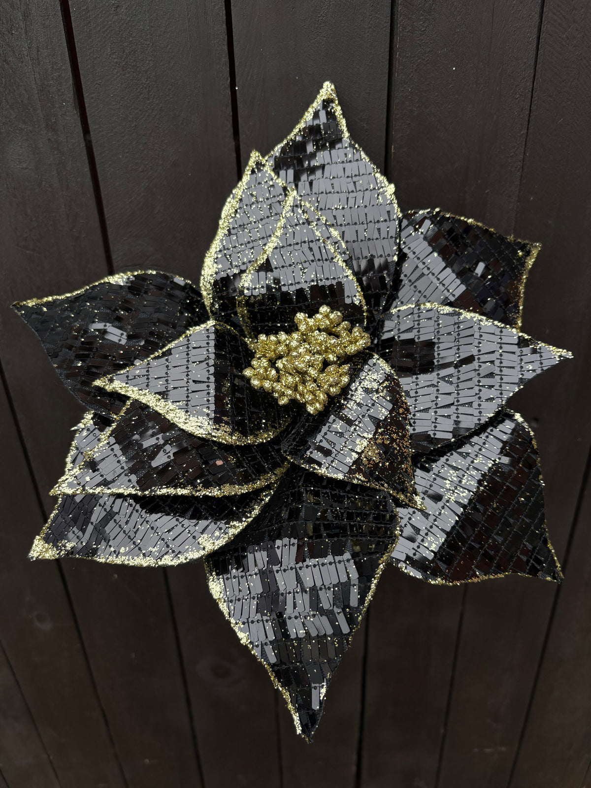 30cm DISCO SEQUIN POINSETTIA BLACK/GOLD