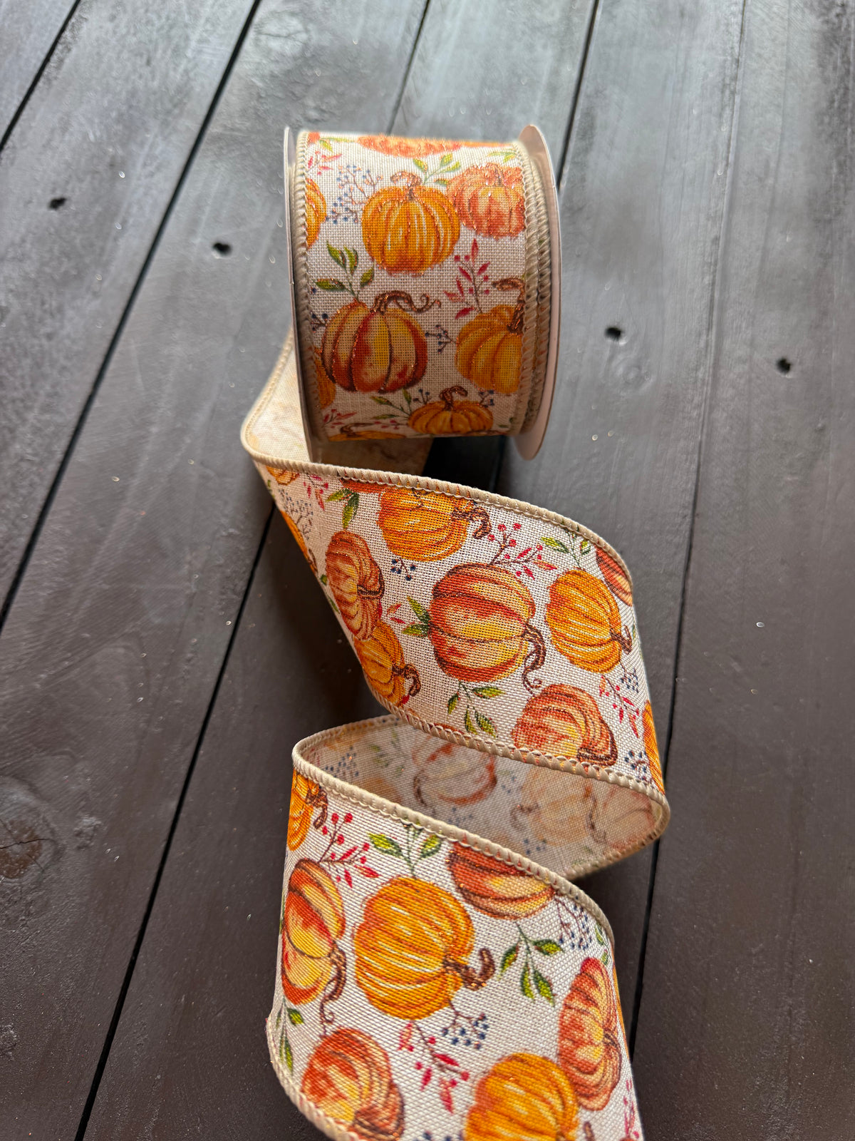 WIRED EDGE BURLAP GLITTER PUMPKIN RIBBON