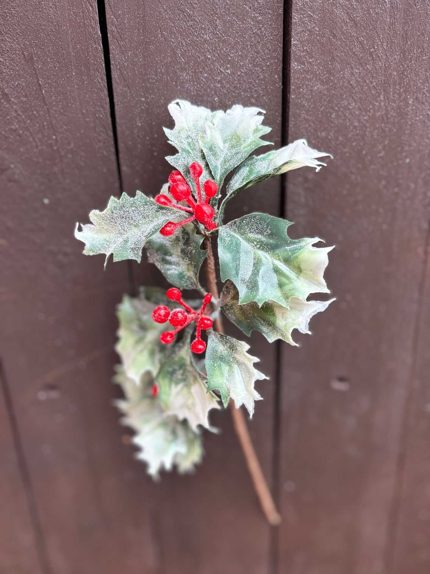 23cm GLITTERED HOLLY PICK WITH BERRIES VARIEGATED