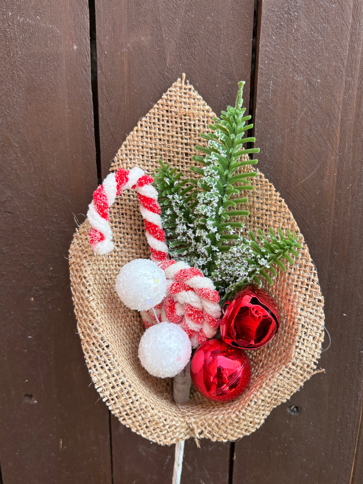 25cm HESSIAN CANDY CANE & BELL PICK