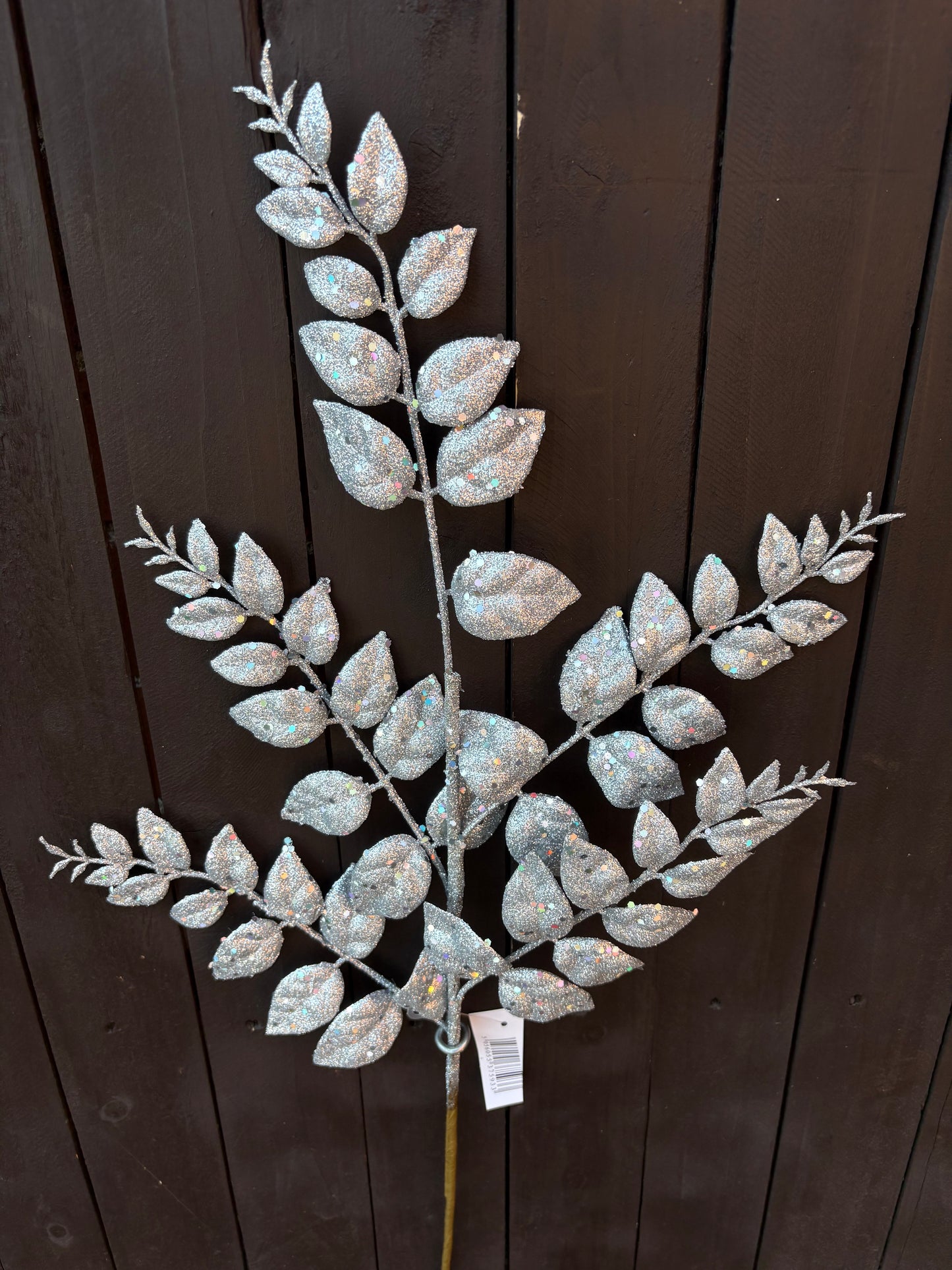 67cm LONG STEM GLITTER LEAF SILVER