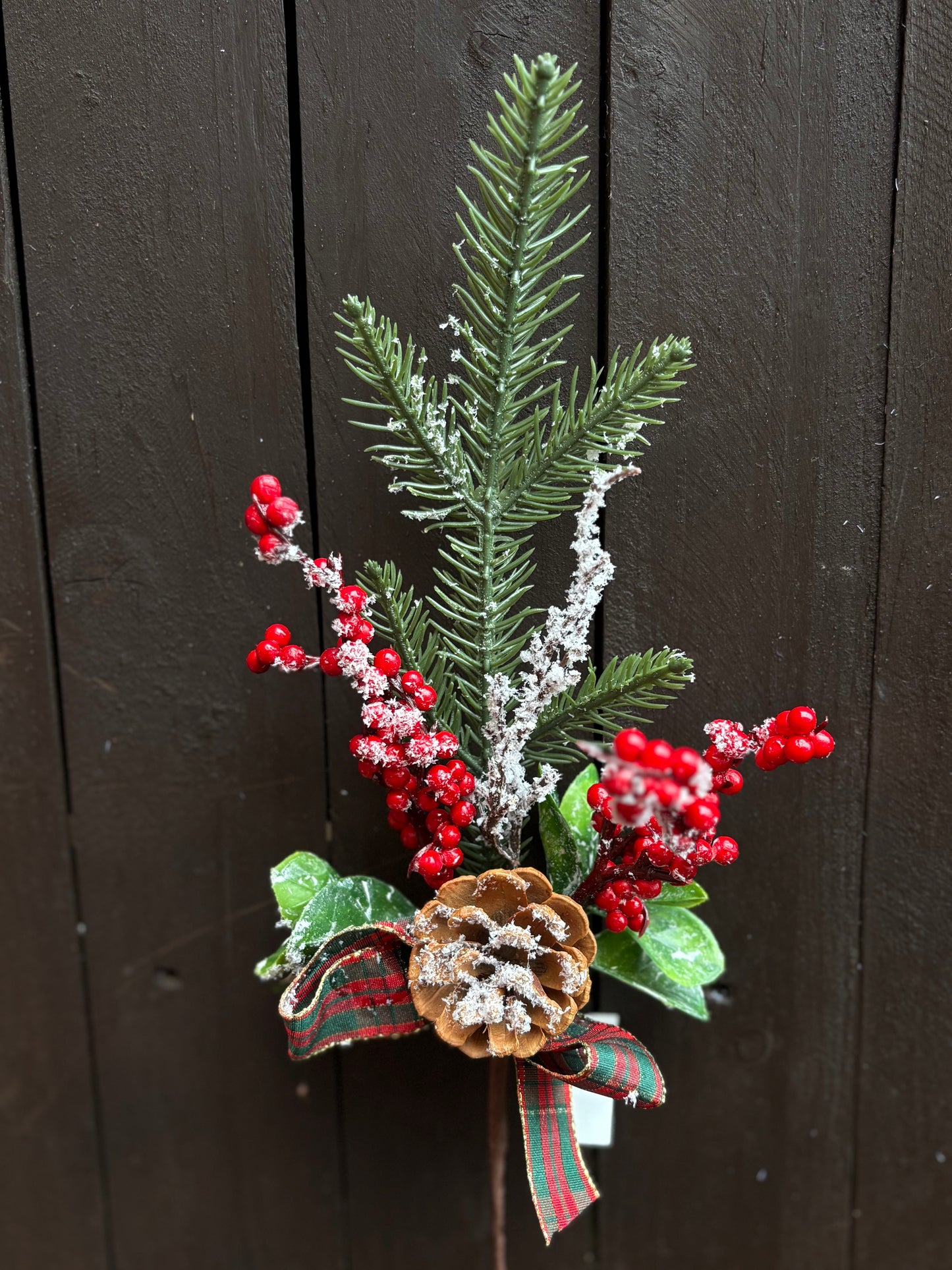 FROSTED PINE CLUSTER BERRY CONE PICK WITH RED/GREEN RIBBON