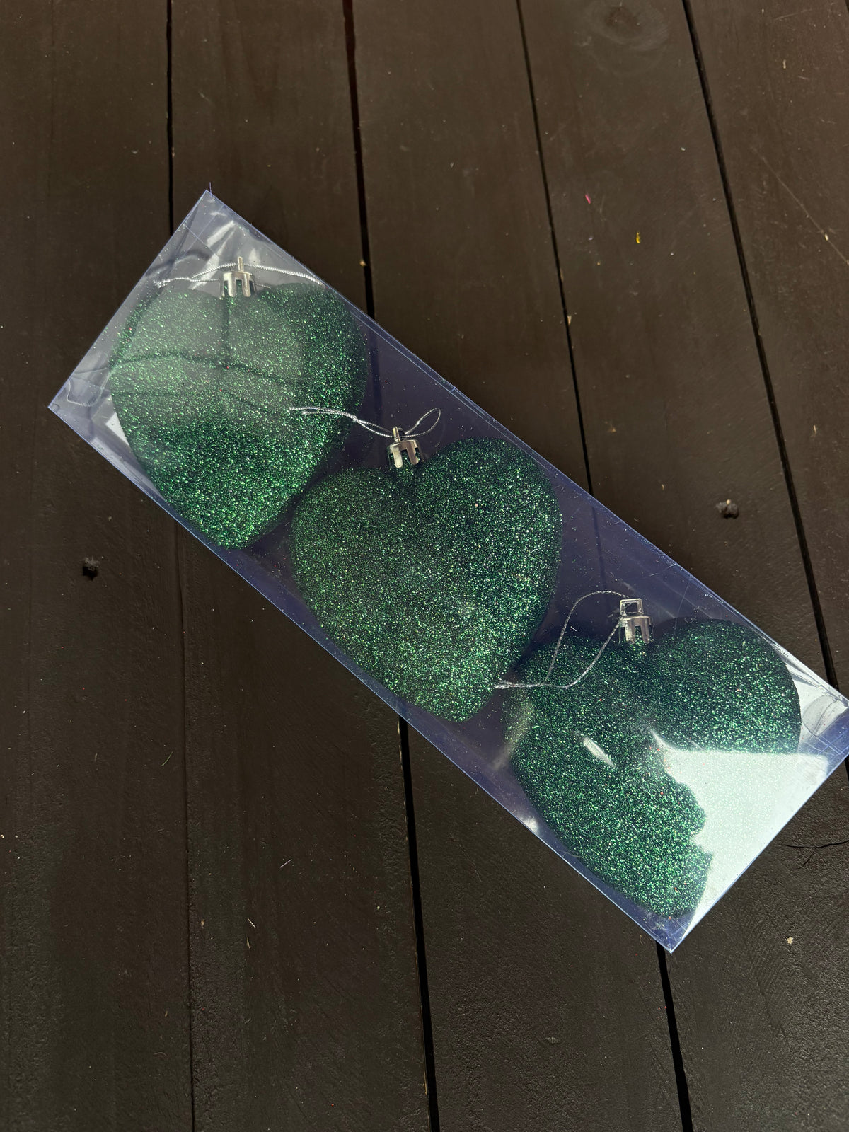 PACK 3 9cm HEART BAUBLES GREEN