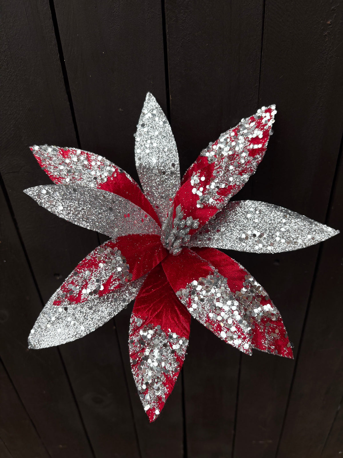 26cm MIX SEQUIN GLITTER POINSETTIA RED/SILVER
