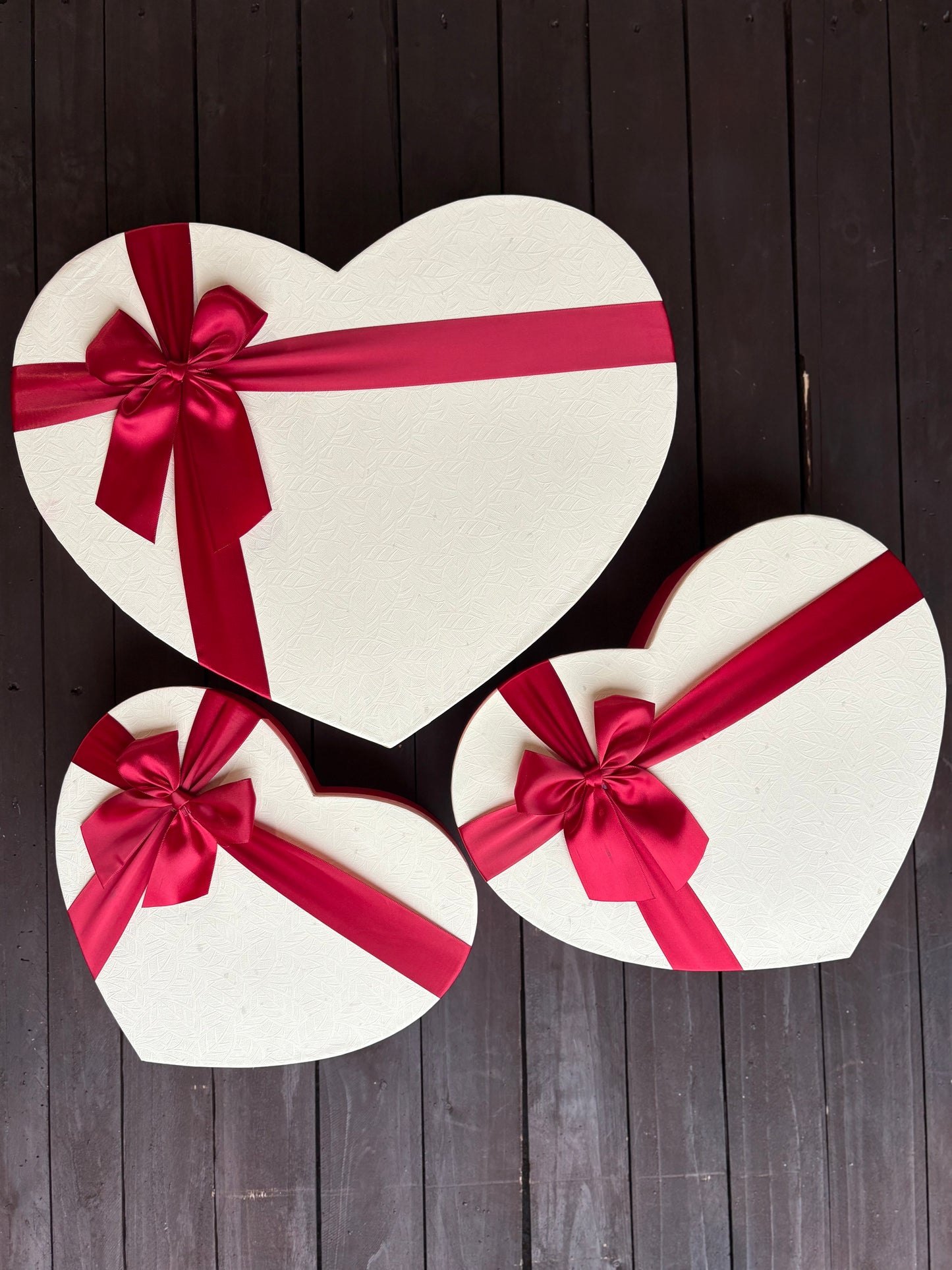 SET OF 3 LARGE IVORY HEART BOXES WITH RED RIBBON