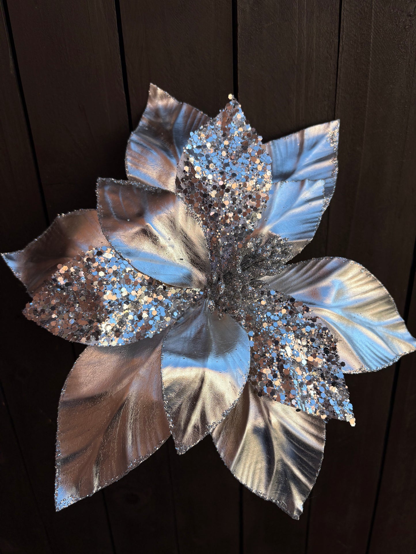 30cm DELUXE METALLIC SEQUIN POINSETTIA SILVER