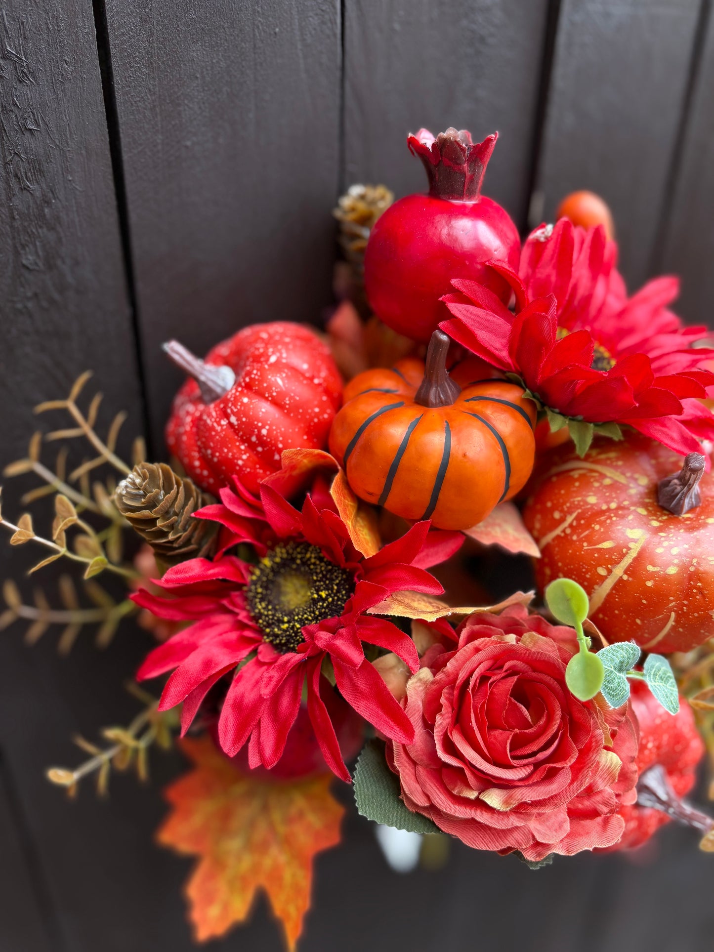 42cm LARGE PUMPKIN POMEGRANATE & SUNFLOWER MIXED BUSH ORANGE/RED