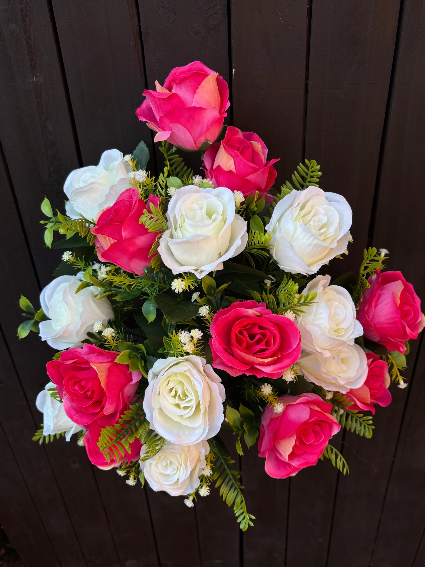 41cm 18 HEAD OPEN ROSE BUSH CERISE/IVORY
