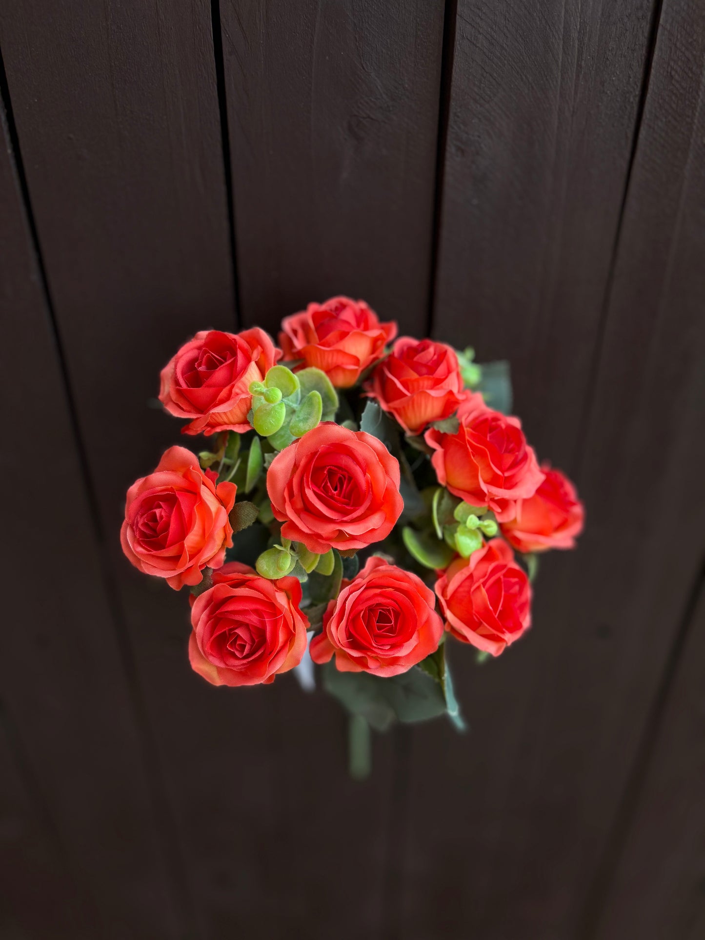 30cm MINI ROSE BUSH WITH EUCALYPTUS ORANGE