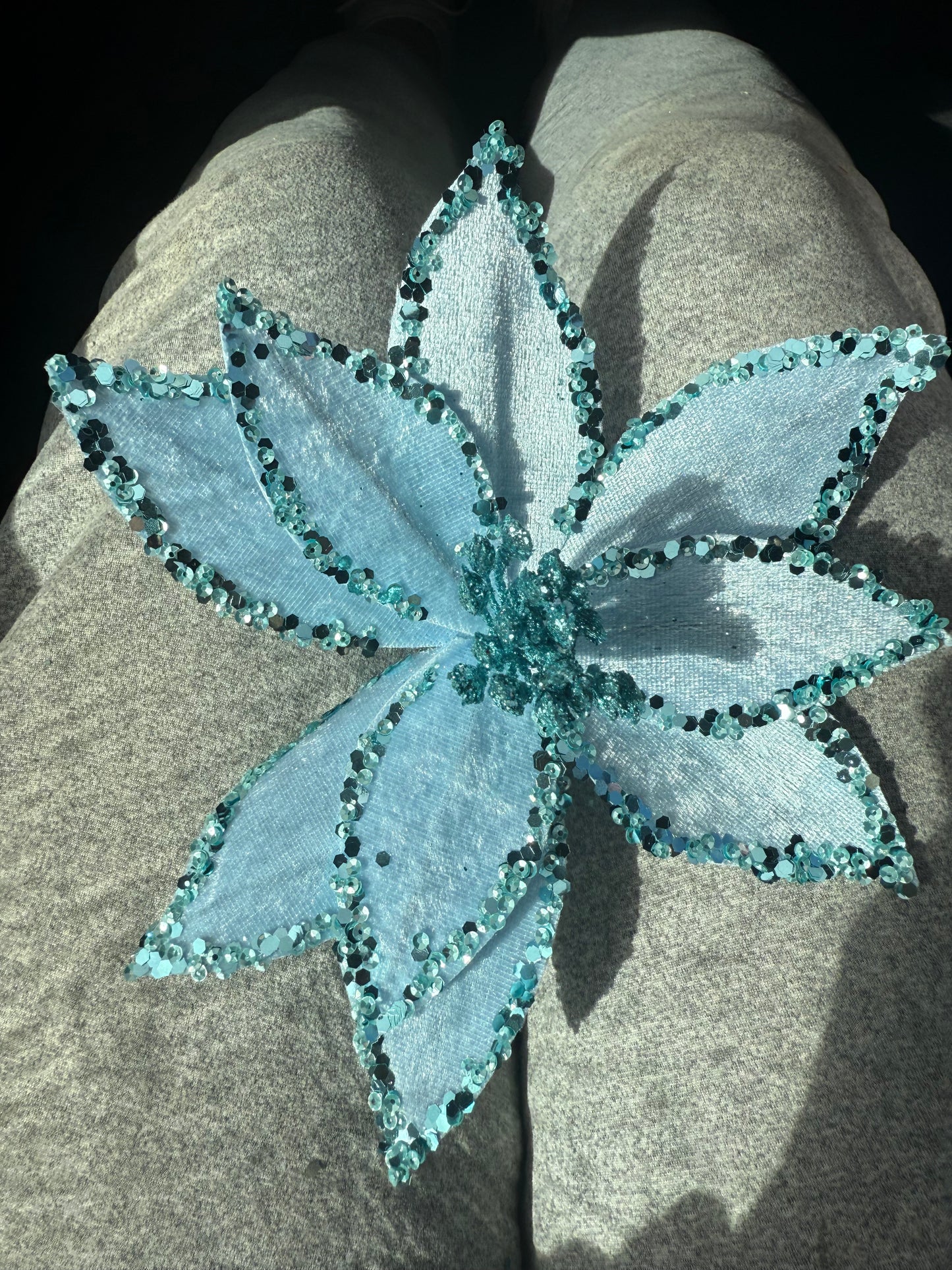 20cm DELUXE ICE BLUE SEQUIN EDGE POINSETTIA