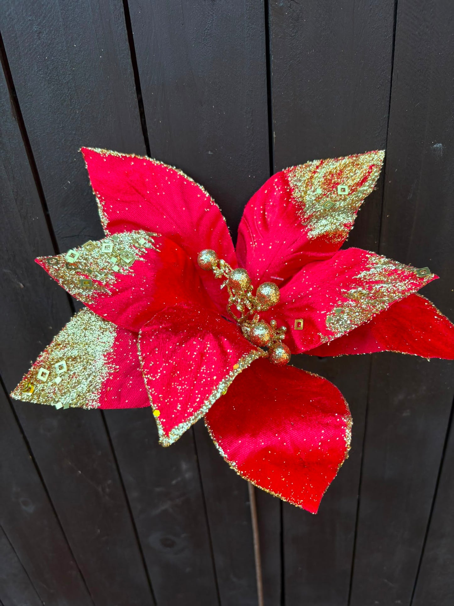 45cm SINGLE VELVET SEQUIN POINSETTIA RED/GOLD