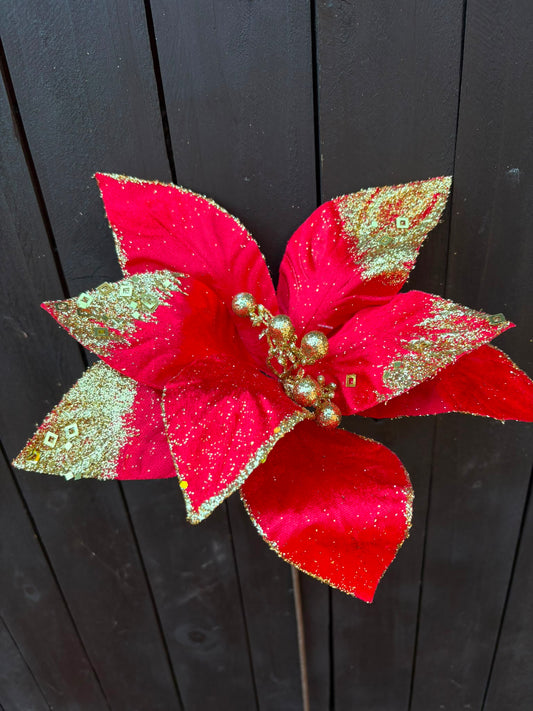 45cm SINGLE VELVET SEQUIN POINSETTIA RED/GOLD