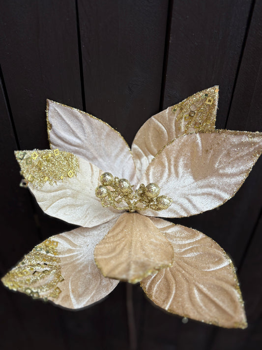 45cm SINGLE VELVET SEQUIN POINSETTIA CHAMPAGNE
