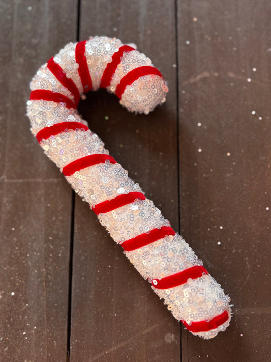 19cm SMALL SEQUIN CANDY CANE RED/WHITE