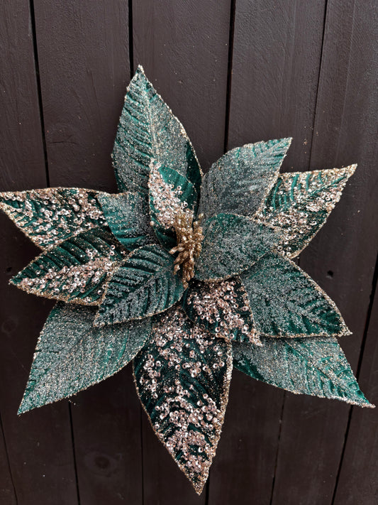 30cm FROSTED VELVET POINSETTIA DARK GREEN