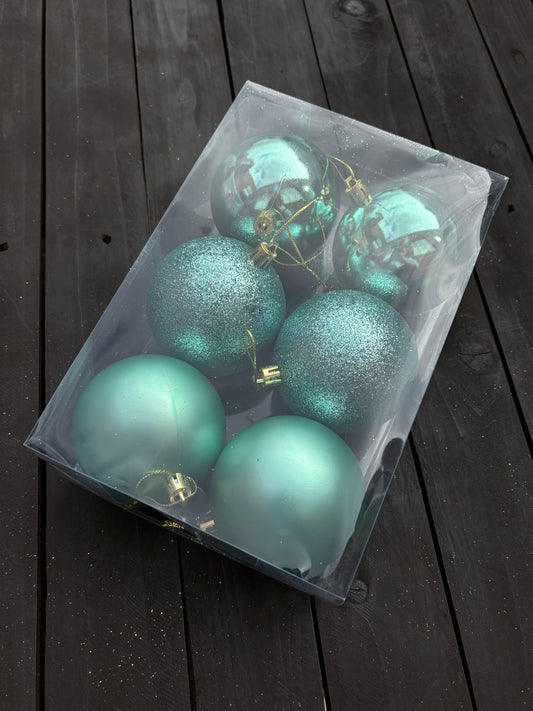 PACK 6 8cm ASSORTED CHRISTMAS BAUBLES MINT GREEN