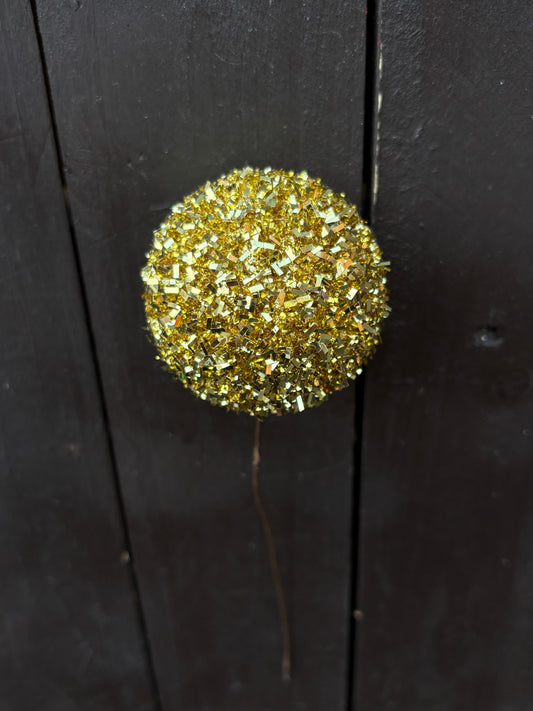 20cm SINGLE GLITTER TINSEL BALL PICK GOLD