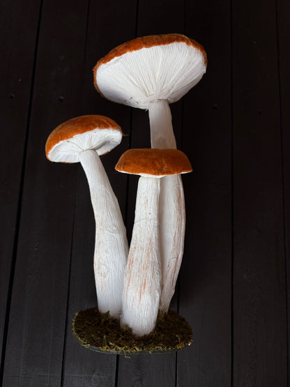30cm VELVET STANDING MUSHROOM TRIO BURNT ORANGE