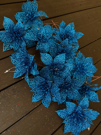 BAG 12cm FILIGREE POINSETTIA x 12pcs BLUE