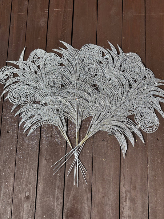 36cm GLITTERED PEACOCK LEAF SPRAY SILVER (12pcs)