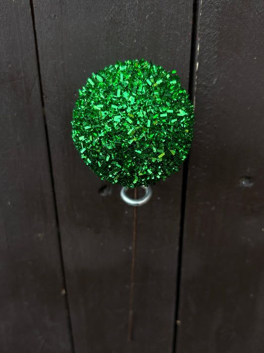 20cm SINGLE GLITTER TINSEL BALL PICK GREEN