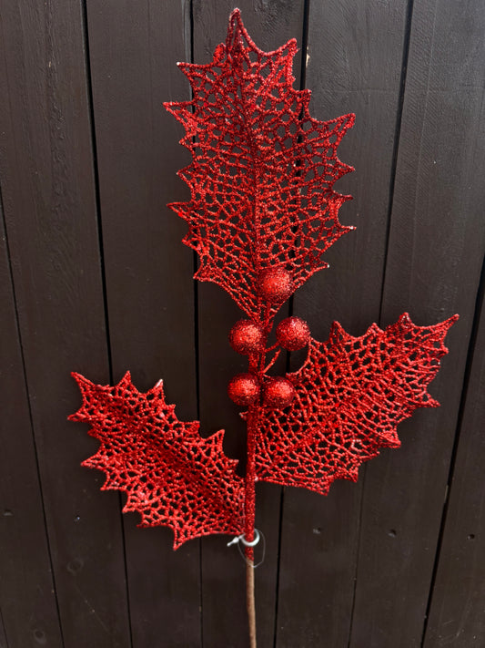 78cm GLITTER HOLLY LEAF STEM RED