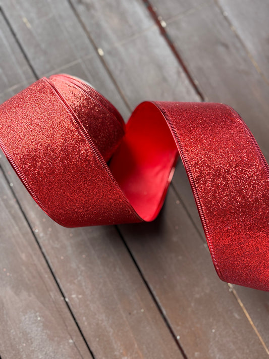 63mm GLITTERED RED FABRIC WIRED EDGE RIBBON x 10yrds
