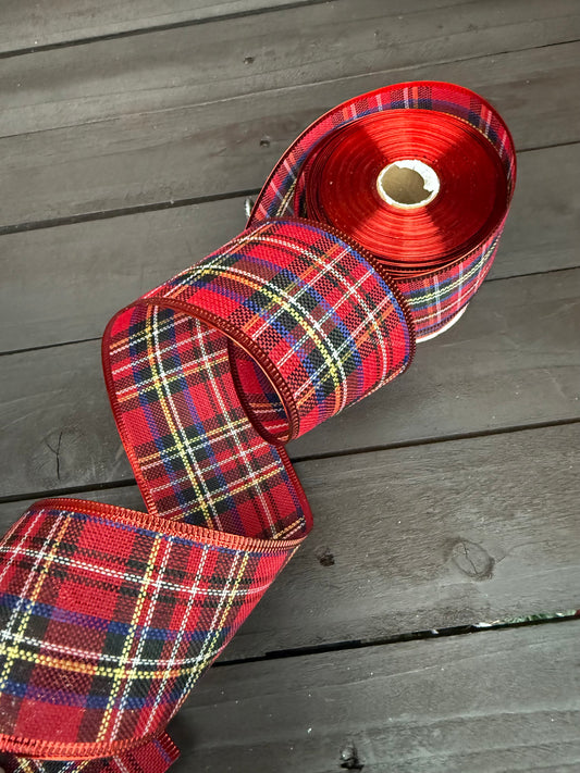 63mm BURLAP TARTAN WIRED RIBBON RED/NAVY x 10yrds