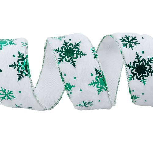 GREEN WIRED FUR SNOWFLAKE RIBBON 63mm x 10yrd