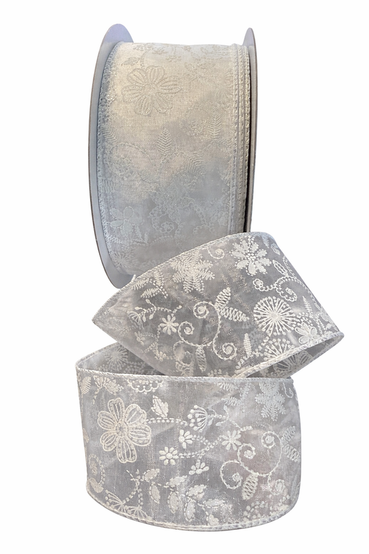 2.5inch (63mm) WHITE SHIMMER FLORAL WIRED RIBBON - SOLD PER 5 METRE