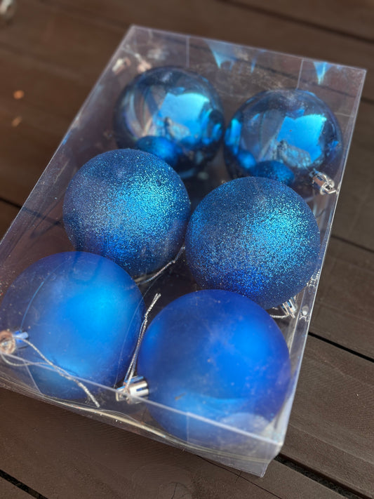 PK6 8cm ASSORTED CHRISTMAS BAUBLES ROYAL BLUE