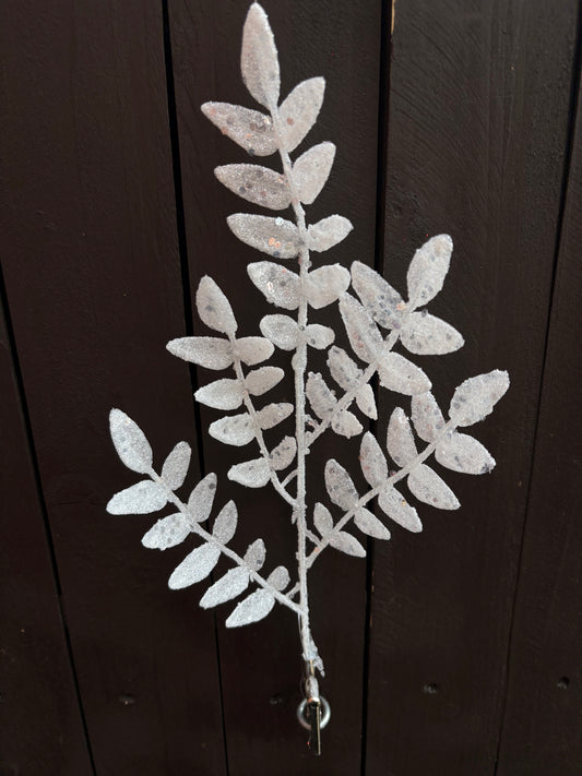 30cm GLITTER CLIP ON LEAF WHITE