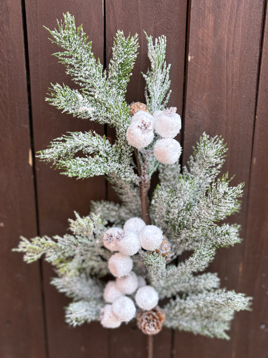 58CM FROSTED SNOWY PINECONE & BERRY SPRAY