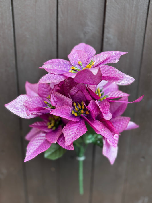 32cm PURPLE METALLIC SHIMMER POINSETTIA BUSH 7 HEADS