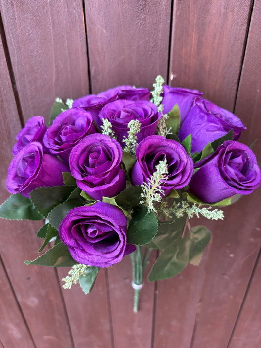 34cm ROSEBUD BUSH PURPLE (12 HEADS)