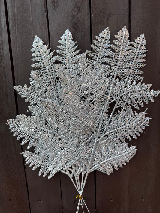 42cm GLITTERED FERN LEAF SPRAY X 6PCS SILVER
