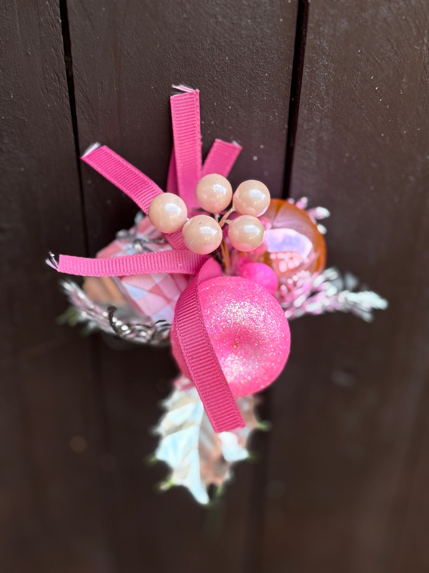 23cm PINK BAUBLE PARCEL & APPLE CHRISTMAS PICK