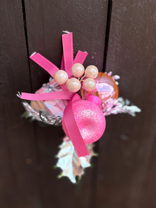 23cm PINK BAUBLE PARCEL & APPLE CHRISTMAS PICK