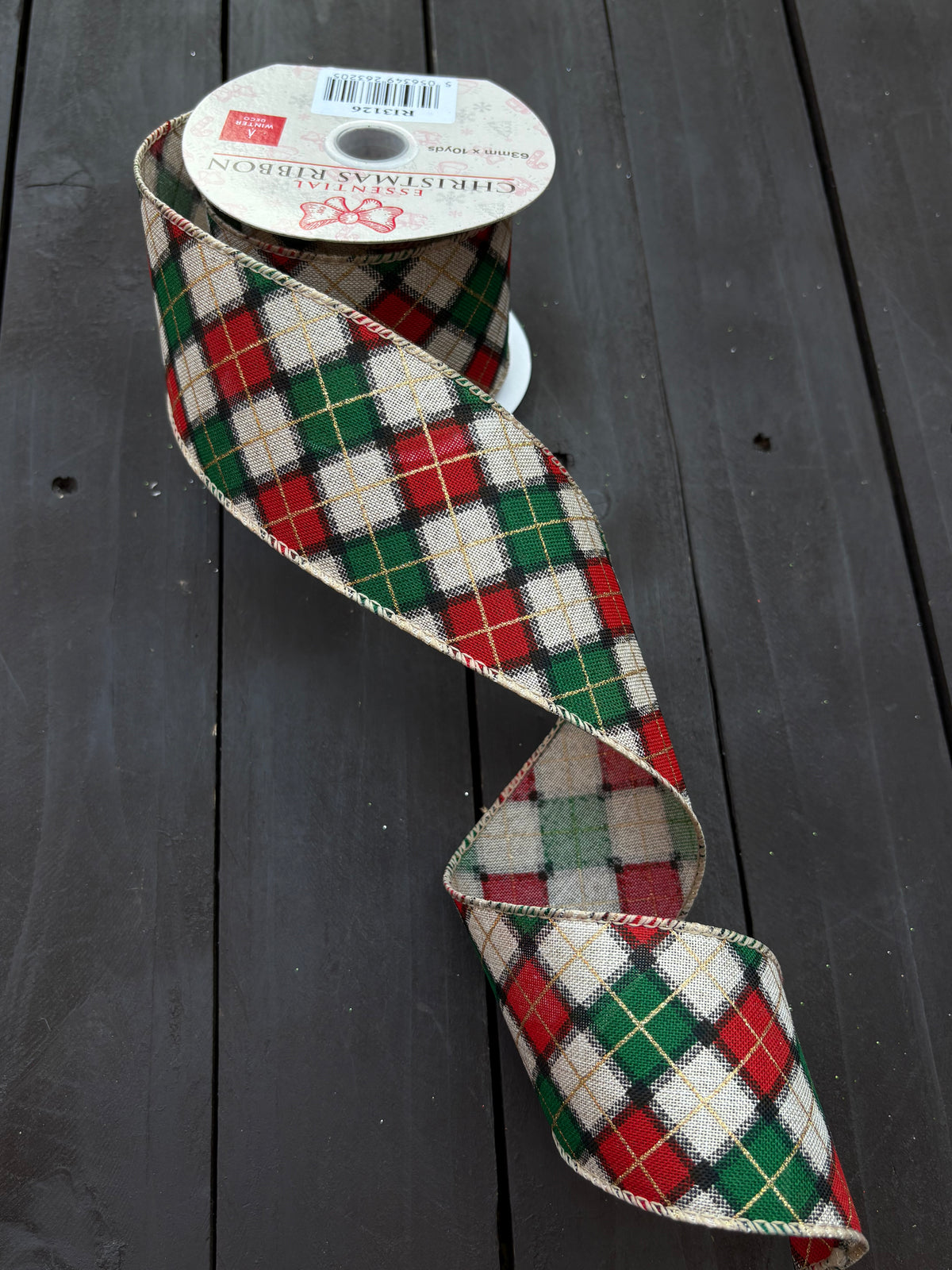 WIRED EDGE ARGYLE DIAMOND RIBBON RED/GREEN/NATURAL